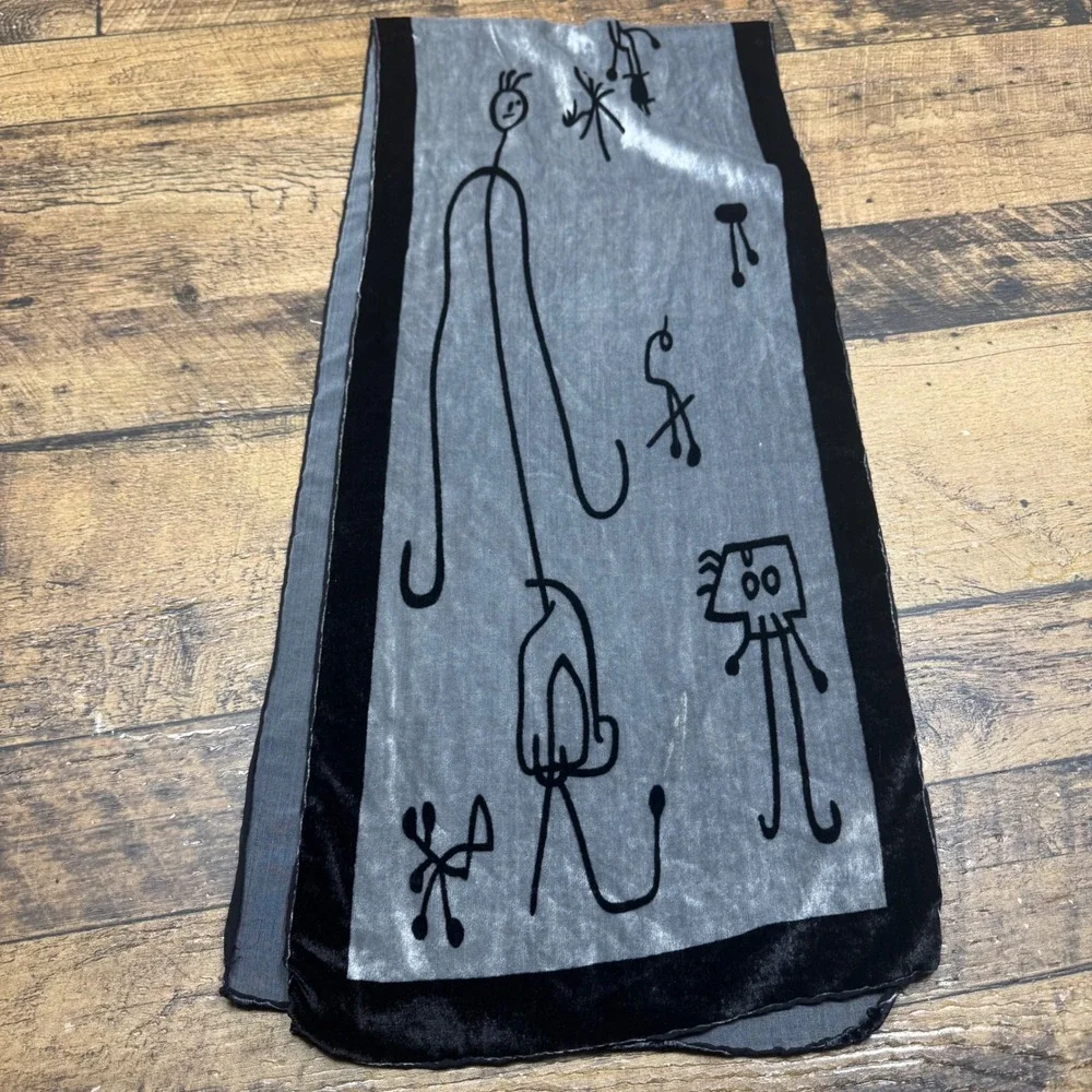 Joan Miro Unique Black and Grey‎ Abstract Figure Velour Scarf Shawl